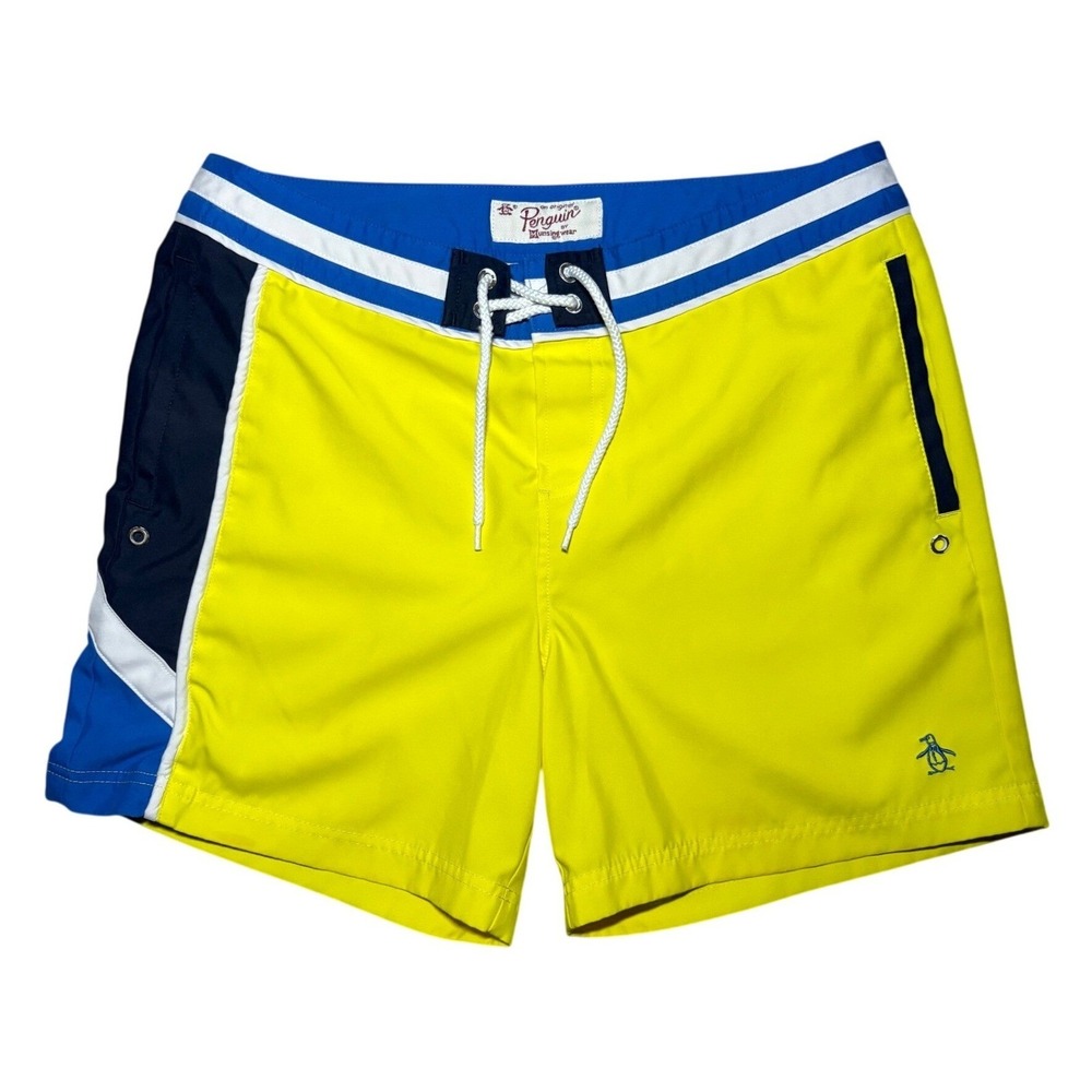 Original Penguin Swim Trunks Mens 34 Yellow Colorblock Board Beach Pool Shorts